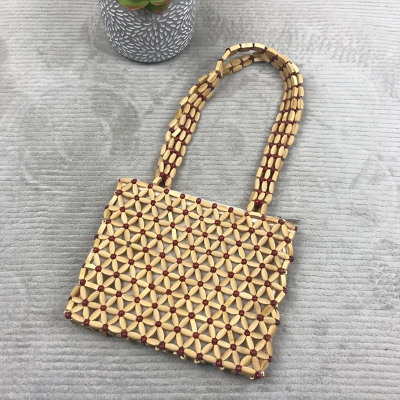 Vintage Handbags - Vintage Bead Purse Handbag - Floral Tan Red